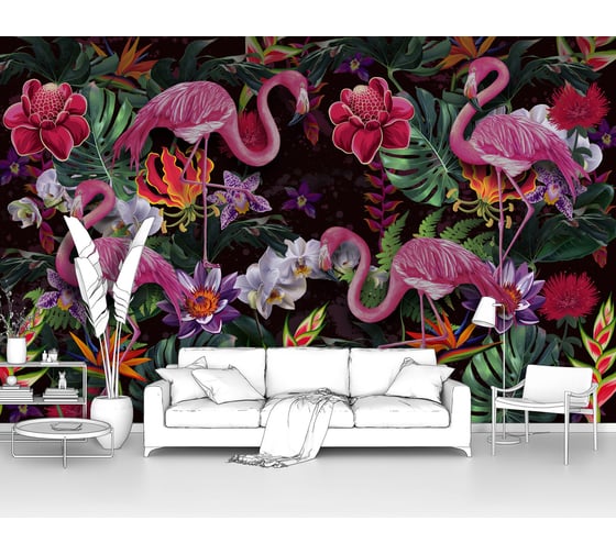 Изображение товара Фотообои ООО Первое ателье цветы птицы "Диковинные фламинго с экзотическими цветами" 160x100 см pw94755-1