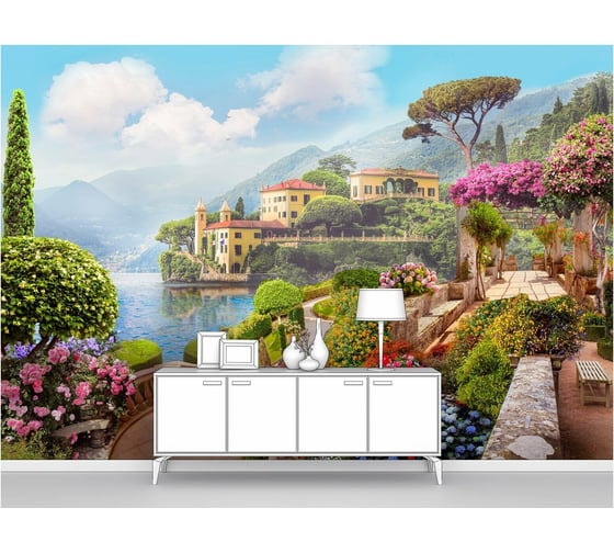 Изображение товара Фотообои ООО Первое ателье город море "Цветущая набережная с видом на старые дома и залив", 200x130 см pw78661-2