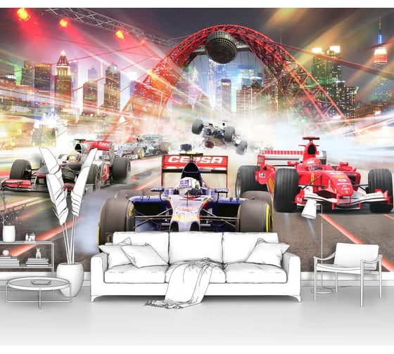 Изображение товара Фотообои ООО Первое ателье машина город "Гонки Формулы на фоне живописного моста и ночного города", 300х195 см pw72268-3