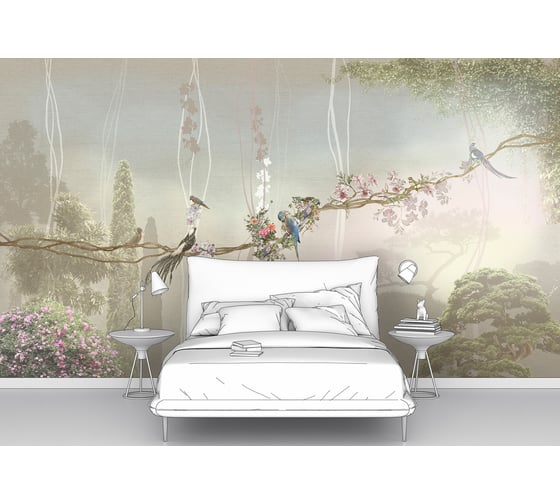 Изображение товара Фотообои ООО Первое ателье птицы "Лиана с экзотическими птицами на фоне кипарисов", 400x230 см pw78656