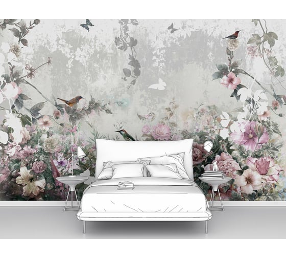 Изображение товара Фотообои ООО Первое ателье цветы птицы "Нежная цветочная композиция с птицами и бабочками", 400x270 см pw78688