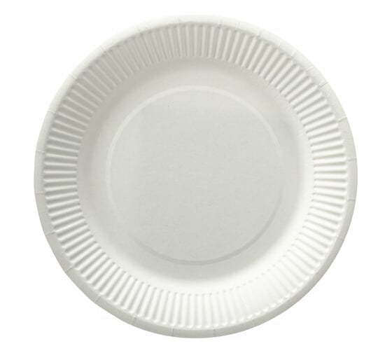 Изображение товара Одноразовая бумажная тарелка LAIMA Бюджет 230 мм, 100 шт, белая мелованная 608084