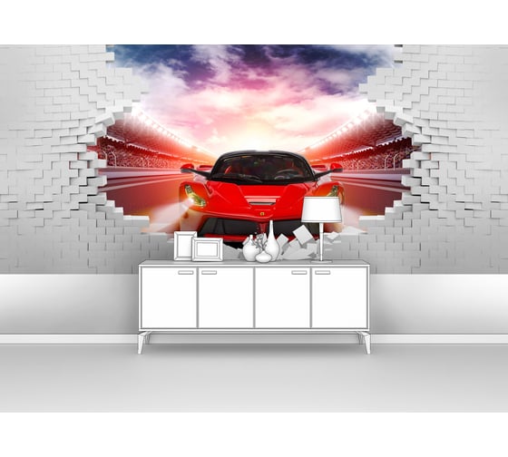 Изображение товара Фотообои ООО Первое ателье машина кирпич лофт "Спортивная машина из пролома в кирпичной стене", 400х180 см pw94064-4