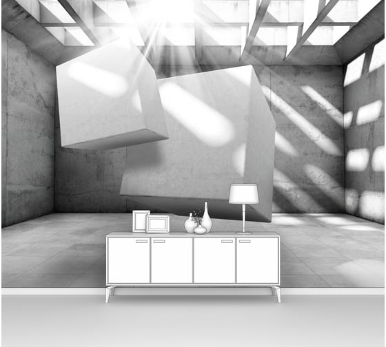 Изображение товара Фотообои ООО Первое ателье абстракции лофт "Два 3d куба внутри бетонной квадратной комнаты" 135x100 см pw94040-1