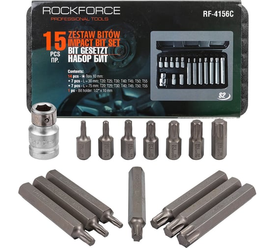 Изображение товара Набор бит TORX с битодержателем (15 предметов; 1/2"; в кейсе) Rockforce RF-4156/C/(27210)