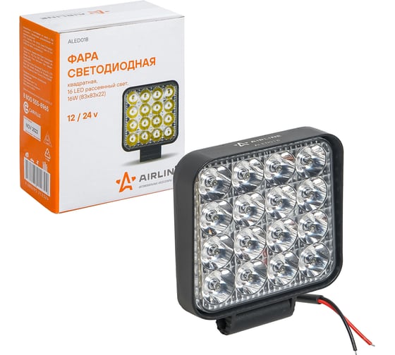 Изображение товара Светодиодная фара Airline квадратная, 16 LED рассеянный свет, 16 Вт, 83х83х22, 12/24 В ALED018