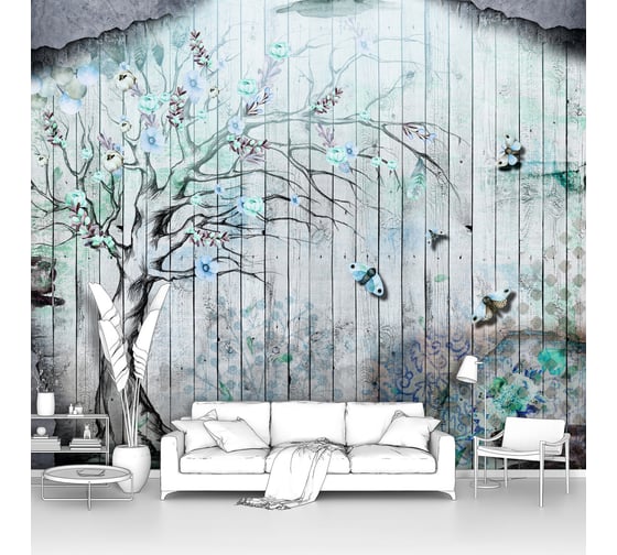Изображение товара Фотообои ООО Первое ателье лофт "Рисунок на заборе - Дерево с нежными голубыми цветами" 200x165 см pw93991-2