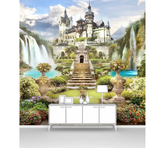 Изображение товара Фотообои ООО Первое ателье природа "Дорога к замку с водопадами через прекрасный сад" 100x100 см pw28421-1