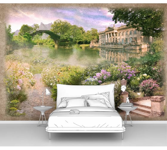 Изображение товара Фотообои ООО Первое ателье природа "Сад на берегу озера с видом на мостик и усадьбу" 300x210 см pw28400-3