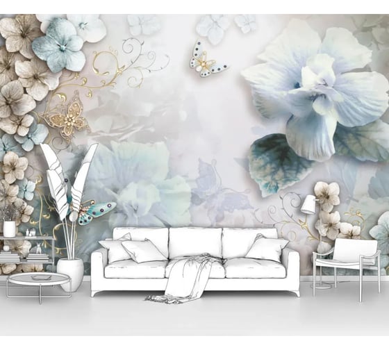 Изображение товара Фотообои ООО Первое ателье абстракции "Цветы и бабочки в бежевых и голубых тонах", 400x290 см pw73826-4