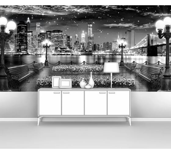 Изображение товара Фотообои ООО Первое ателье "Вид на современный ночной город с набережной и фонарями, черно-белые" 300х150 см pw141208-3