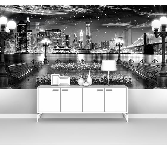 Изображение товара Фотообои ООО Первое ателье "Вид на современный ночной город с набережной и фонарями, черно-белые" 200х100 см pw141208-1