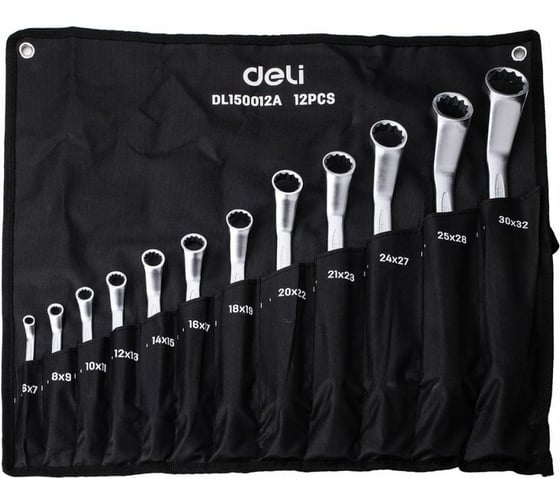 Изображение товара Набор накидных изогнутых гаечных ключей в сумке DELI 12шт/ 6-32мм DL150012A (углеродистая сталь, ткань Oxford) 104511