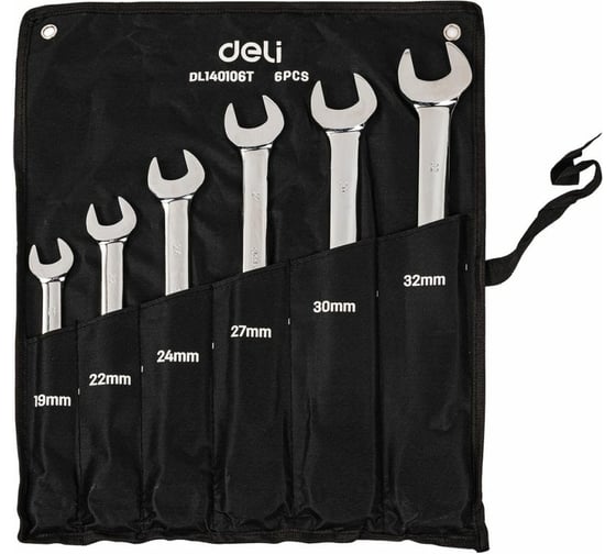 Изображение товара Набор комбинированных ключей с трещоткой DELI dl140106t трещотка, 50bv30, 72 зуба, чехол из ткани oxford, 6 шт. 104510