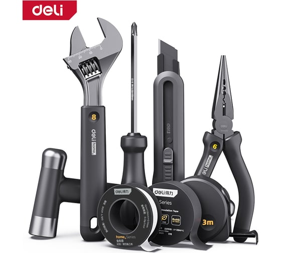 Изображение товара Набор ручного инструмента DELI Home Series HT0008 8 предметов, эксклюзивный дизайн, софттач пластик, подарочная упаковка 104622