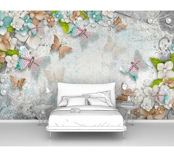 Изображение товара Фотообои 3d абстракции цветы ООО Первое ателье "Бабочки с жемчужинками на фоне цветов" 160x100 ШxВ pw95746-1