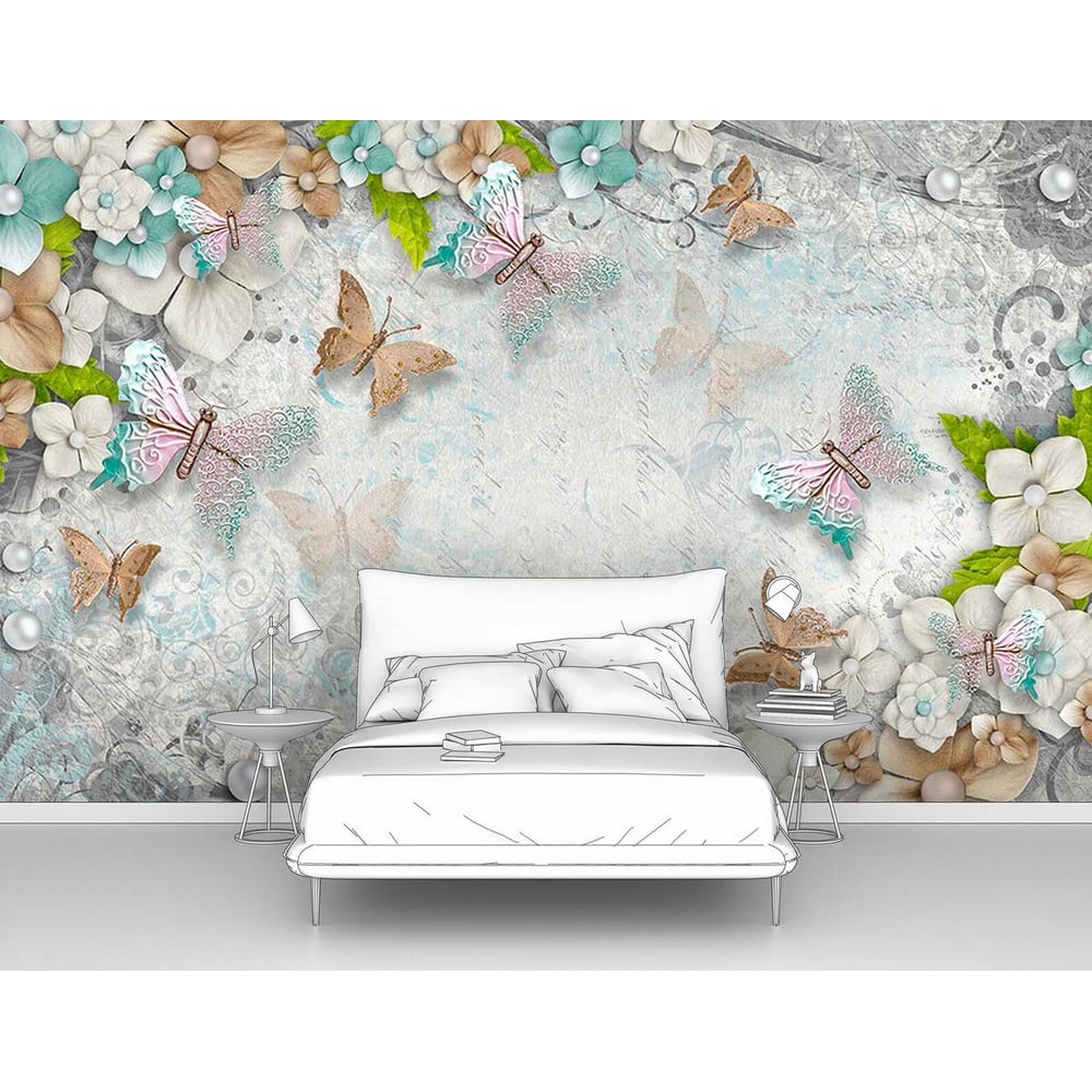 Изображение товара Фотообои 3D бабочки на цветах на флизелиновой основе 4 полосы