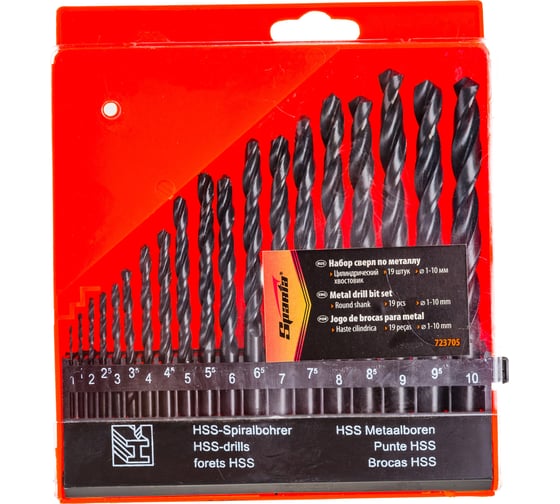 Изображение товара Набор сверл по металлу, SPARTA 1-10 мм, HSS,19 шт, пласт. бокс, цилин. хвостовик// 723705
