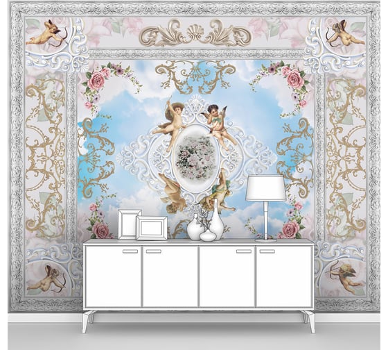 Изображение товара Фотообои ООО Первое ателье "Амуры со стрелами и ангелочки в ажурной раме с розами", 125x100 см pw78608-1