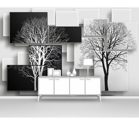 Изображение товара Фотообои ООО Первое ателье 3d абстракции дерево "Черно-белые деревья на фоне из черно-белых прямоугольников" 160х100 см pw94413-1