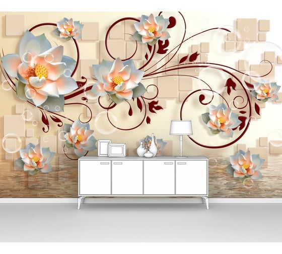 Изображение товара Фотообои ООО Первое ателье 3d абстракции "Лотосы с объемным фоном из кубов и отражением в воде" 300х200 см pw73830