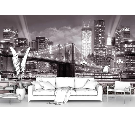 Изображение товара Фотообои ООО Первое ателье лофт "Город Нью-Йорк и Бруклинский мост ночью в огнях, монохром" 300x180 см pw28616-3