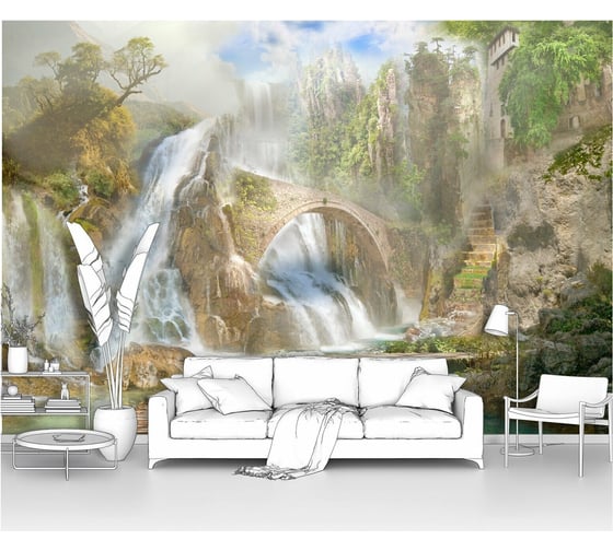 Изображение товара Фотообои ООО Первое ателье фреска природа "Пейзаж с невероятными водопадами и мостом" 200x130 см pw28582-2
