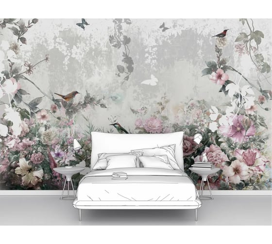Изображение товара Фотообои ООО Первое ателье цветы птицы "Нежная цветочная композиция с птицами и бабочками", 300x205 см pw78688-3
