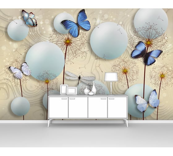 Изображение товара Фотообои ООО Первое ателье 3d абстракции цветы "Шары с одуванчиками и бабочками", 300x195 см pw97360-3