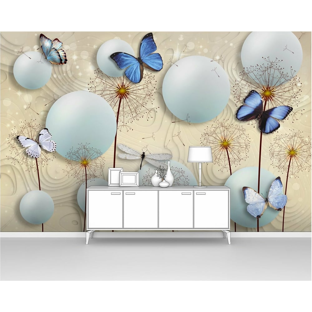 Изображение товара Фотообои 3d абстракции цветов шары с одуванчиками и бабочками 200x130 см pw97360-2