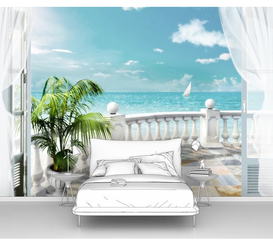 Изображение товара Фотообои ООО Первое ателье море "Белая терраса с видом на море с пальмой в горшке", 400x280 см pw141292-4