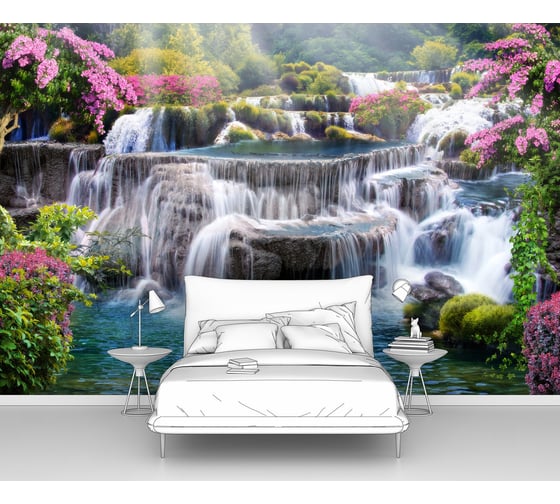 Изображение товара Фотообои ООО Первое ателье горы "Водопадный каскад на скалах с цветущими кустами", 300x205 см pw141357-3