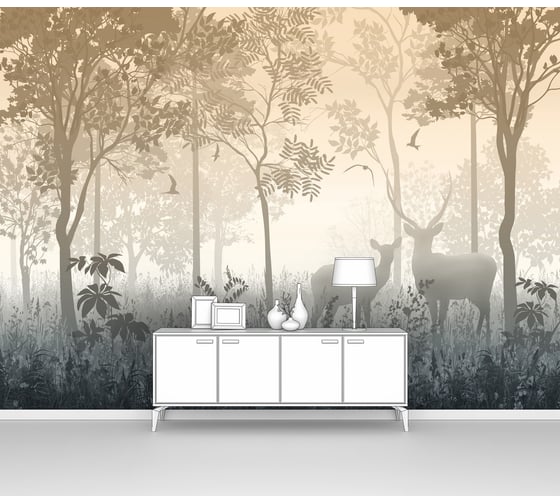 Изображение товара Фотообои ООО Первое ателье лес в тумане "Туманный в бежевых тонах лес с оленями", 200x145 см pw141380-2