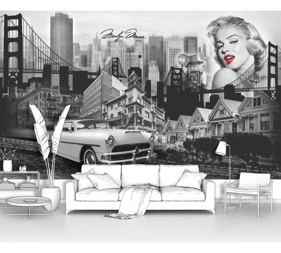 Изображение товара Фотообои ООО Первое ателье лофт "Коллаж с Мэрлин Монро и ретро автомобилем на фоне Нью-Йорка", 170х100 см pw141409-1