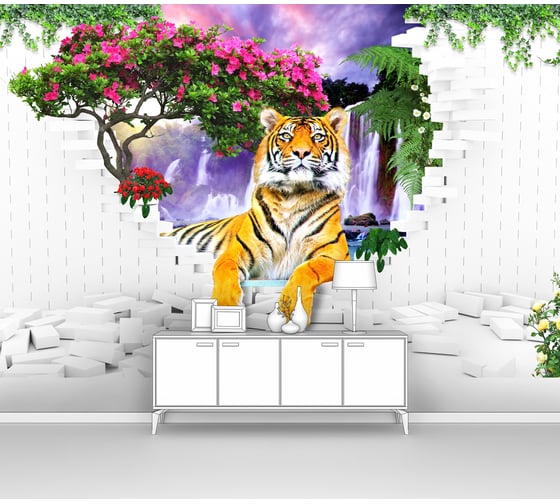 Изображение товара Фотообои ООО Первое ателье животные лофт "Тигр в проломе кирпичной стены на фоне водопада", 200x130 см pw73813-2