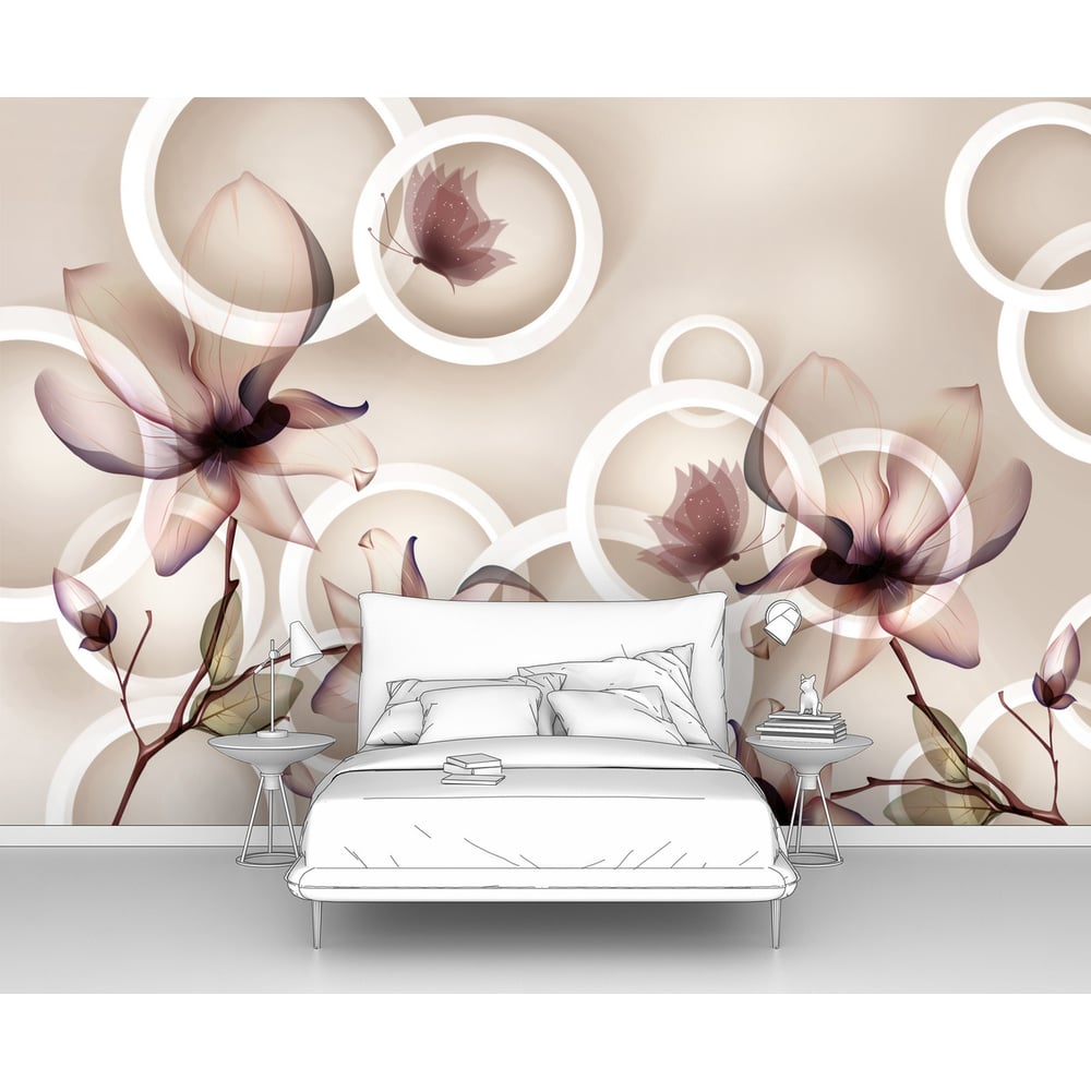 Изображение товара Фотообои ООО Первое ателье 3d абстракции "Полупрозрачные абстрактные цветы на фоне кругов", 300x205 см pw73839-3