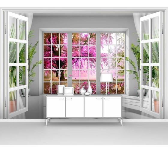 Изображение товара Фотообои окно природа ООО Первое ателье "Вид из панорамного окна на вишневый сад" 300x205 ШxВ pw95413-3