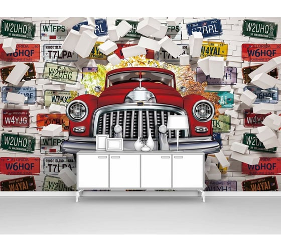 Изображение товара Фотообои машина лофт ООО Первое ателье "Ретро автомобиль пробивает стену с автомобильными номерами" pw94964-4