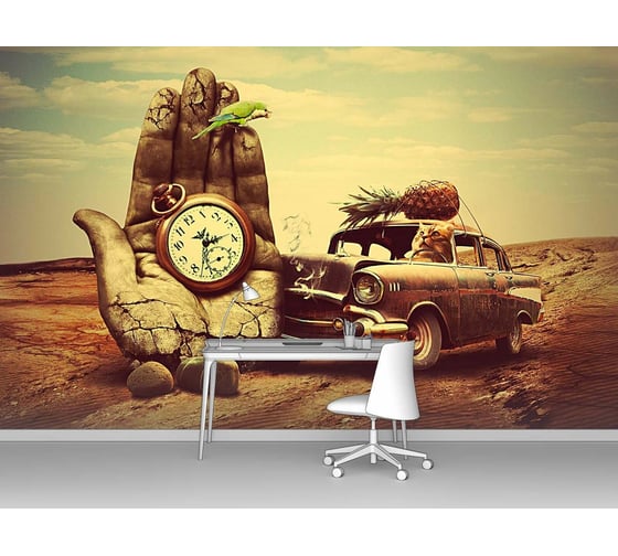 Изображение товара Фотообои машина ООО Первое ателье "Ретро автомобиль врезается в бетонную руку времени" 200x125 ШxВ pw94976-2