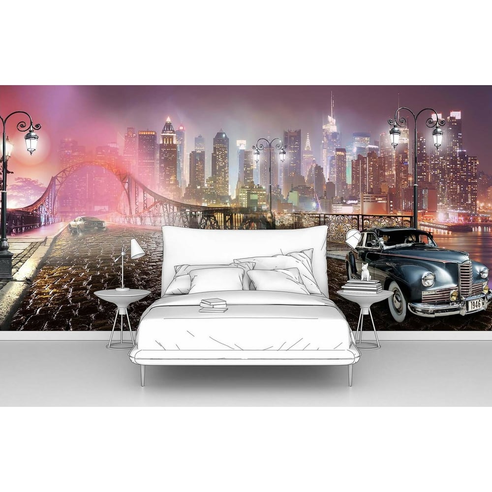 Изображение товара Фотообои Ретро автомобиль на фоне ночного города 200x100 см