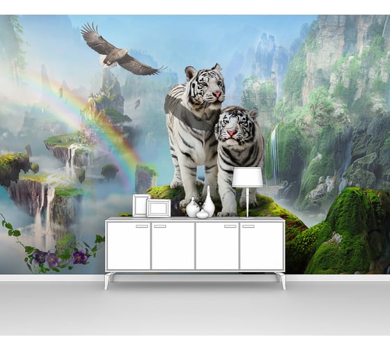 Изображение товара Фотообои тигр животные ООО Первое ателье "Два белых тигра на фоне радуги и водопадов" 400x270 ШxВ pw78606