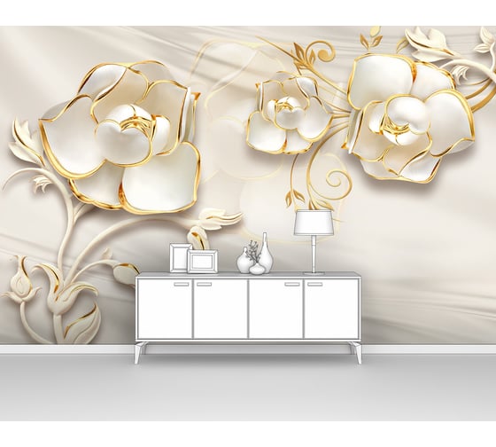 Изображение товара Фотообои 3d абстракции ООО Первое ателье "Фарфоровые цветы с каймой на белом шелке" 300x190 ШxВ pw73821