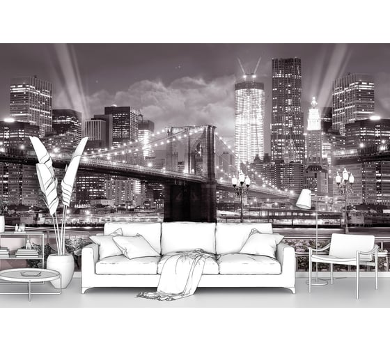 Изображение товара Фотообои лофт ООО Первое ателье "Город Нью-Йорк и Бруклинский мост ночью в огнях, монохром" 400x240 см pw28616
