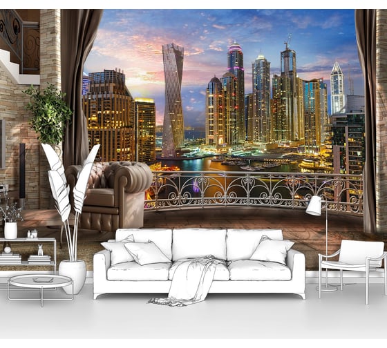 Изображение товара Фотообои окно ООО Первое ателье "Вид с балкона шикарной квартиры на ночной современный город в огнях" pw28645-1