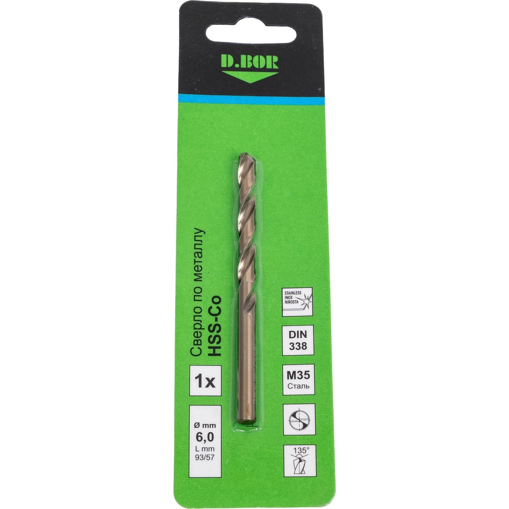 Изображение товара Сверло по металлу COBALT 5% HSS-Co DIN 338 6х57х93 мм D.BOR