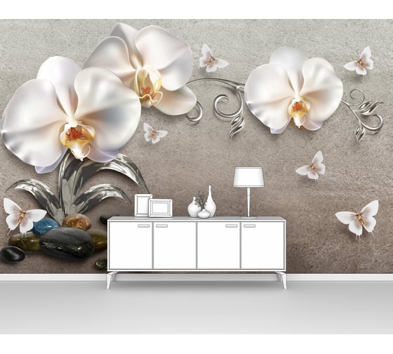 Изображение товара Фотообои 3D ООО Первое ателье "Фарфоровые орхидеи с бабочками на гранжевой стене" (абстракции; цветы; 100х155 см) pw94037-1