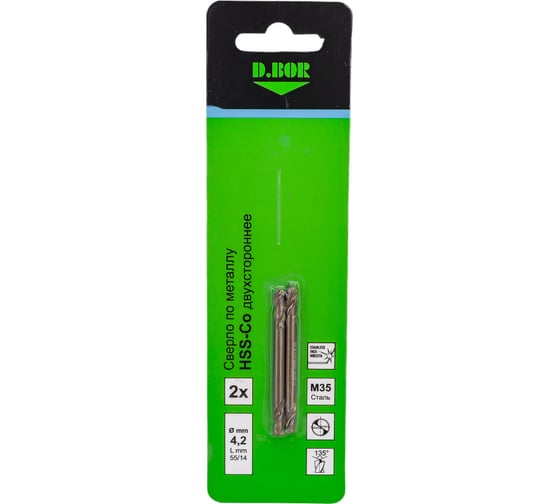 Изображение товара Сверло по металлу двухсторонне COBALT 5%, HSS-Co, 4.2х14/55 мм, 2 шт D.BOR D-TD-DE-CO5-042-02