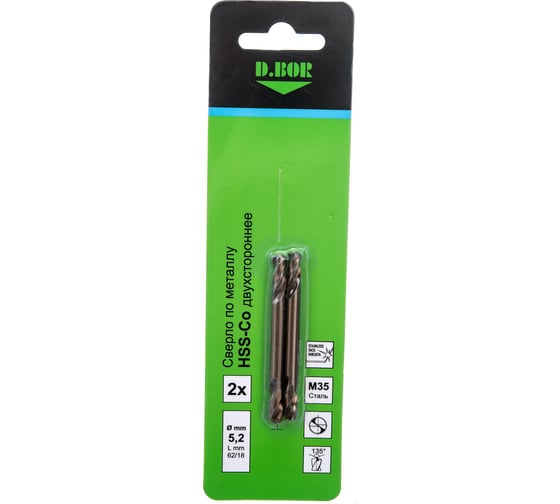 Изображение товара Сверло по металлу двухсторонне COBALT 5%, HSS-Co, 5.2х18х62 мм, 2 шт D.BOR D-TD-DE-CO5-052-02