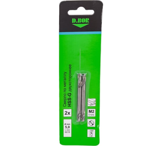 Изображение товара Сверло по металлу шлифованное двухстороннее HSS-G 5х18х62 мм, 2 шт D.BOR D-TD-DE-HSS-050-02