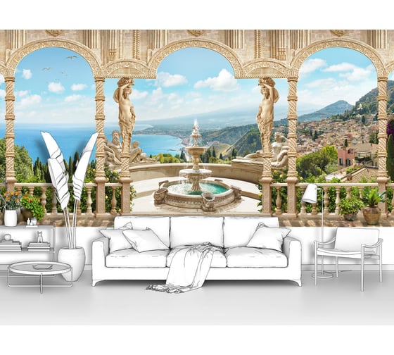 Изображение товара Фотообои ООО Первое ателье "Терраса на берегу моря с фонтаном и античными скульптурами" (море; 200x100 см) pw94059-2